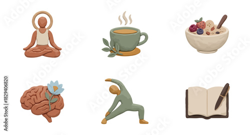 Claymation wellness icons meditation tea breakfast yoga journaling
