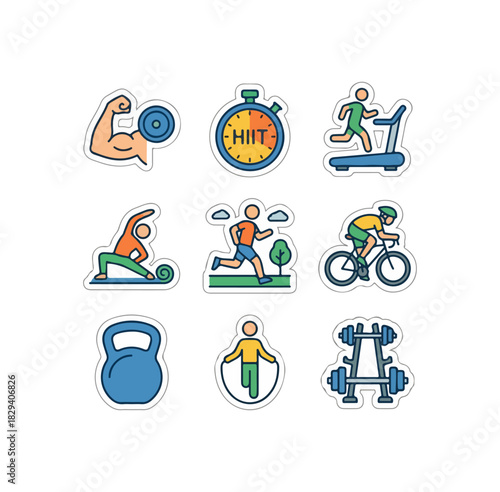 Fitness and exercise icon set representing health and activity