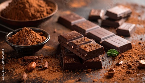 Rich Dark Chocolate Still Life with Cocoa Powder for Culinary Delights and Indulgence
