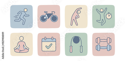 Fitness and wellness icons running biking stretching jumping yoga calendar jumping rope weights