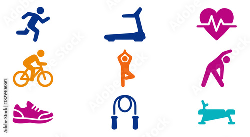 Fitness and wellness icons running cycling exercise and health symbols