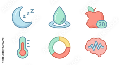 Health and wellness icons set on black background