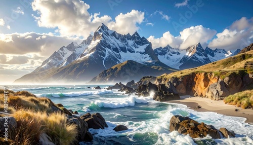 Scenic coastline landscape featuring snow-capped mountains meeting the ocean waves