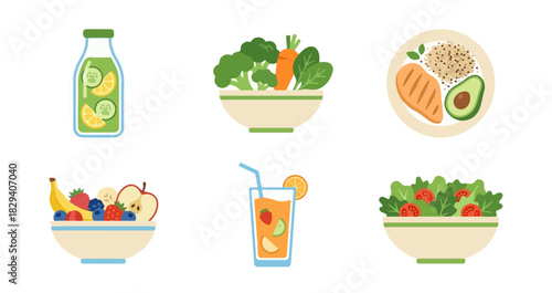 Healthy food and drinks collection in bowls and bottles for nutrition