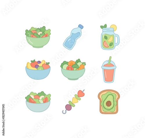 Healthy food and drinks collection in pastel colors