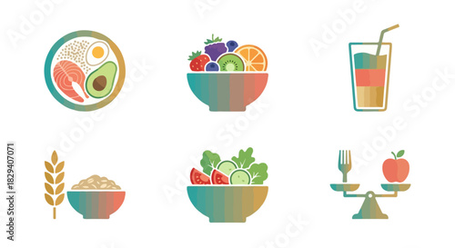 Healthy food icons fruits vegetables meals and drinks for wellness
