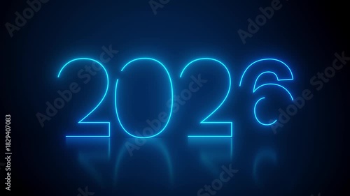 Video animation of abstract neon lights with the numbers 2026 in blue over dark background on a reflective floor - represents the new year - vacation concept.