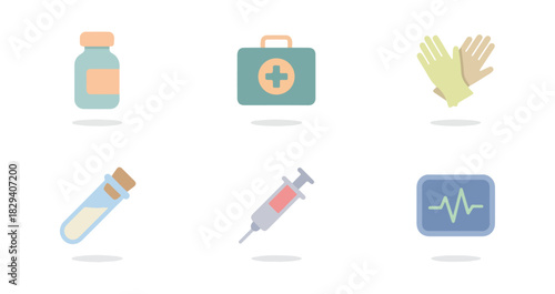 Medical icons pills first aid kit organs vaccine vial syringe heart monitor
