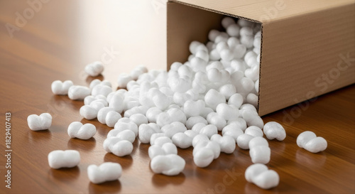 White polystyrene foam packing peanuts spilling out of cardboard box on floor shipping concept