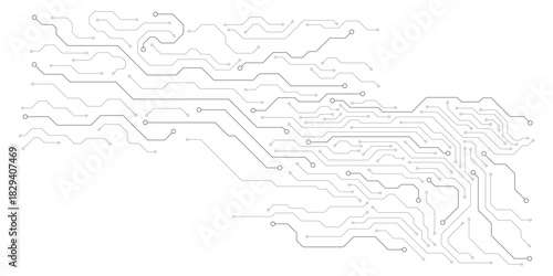 Flat microelectronics circuit board banner isolated on transparent background. The geometric texture of modern digital technology, computer, motherboard, or high-tech technology. Vector illustration
