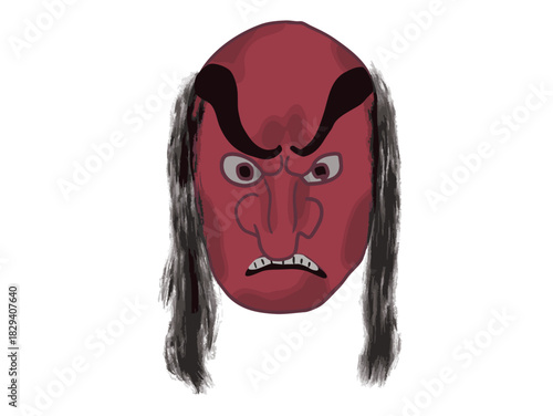 Illustration of a male mask with a fierce face from a traditional Japanese performing art