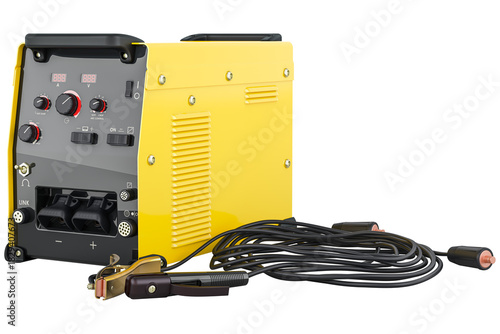 Welding machine with work cables and clamps, transparent background