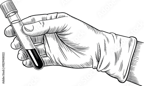 Detailed Engraving Vector Outline of Gloved Hand Holding Blood Sample Test Tube