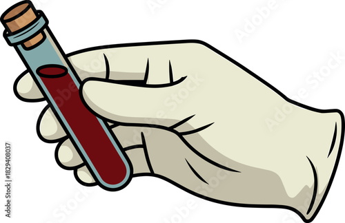 Hand-Drawn Outline Vector of Gloved Hand Holding Blood Test Tube for Analysis