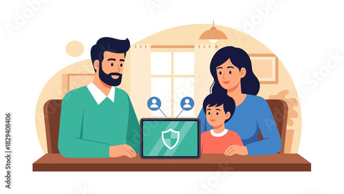Illustration of a family with a child sitting on a couch using a laptop with a shield icon on the screen in a cozy home setting.