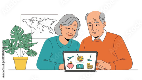 Illustration of an elderly man and woman looking at a laptop with various icons on the screen, with a plant and world map in the background, in a simple and informative style.