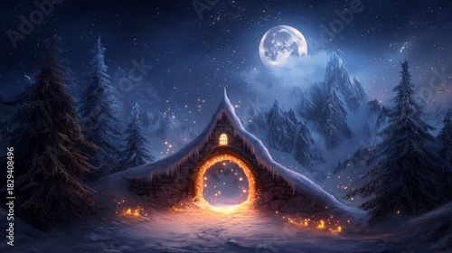 Fantasy Winter Night with Glowing Archway and Full Moon