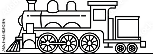 Simple Line Art Outline Vector of Classic Steam Locomotive Train Engine