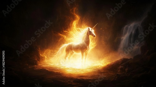 Majestic Unicorn Glowing with Golden Fire in a Dark Fantasy Cave