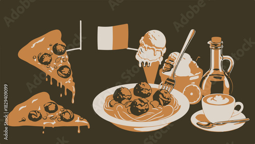 Collection of traditional Italian food and cuisine including pizza, pasta, gelato, and coffee. isolated PNG with Transparent Background