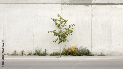 Fototapeta Naklejka Na Ścianę i Meble -  A small tree growing in front of a concrete wall.