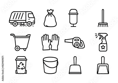 Cleaning equipment icons: broom, gloves, recycling bin, vacuum, bucket, dustpan, spray bottle