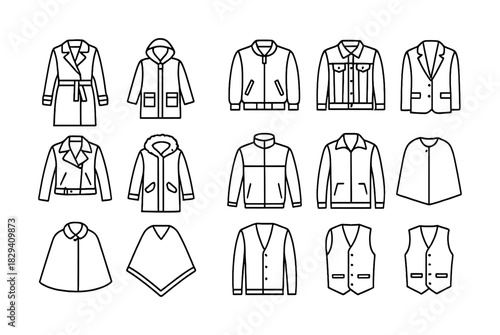 Collection of various outerwear types including coats, jackets, and vests