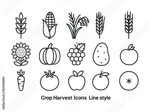 Line style crop harvest icons featuring fruits and vegetables