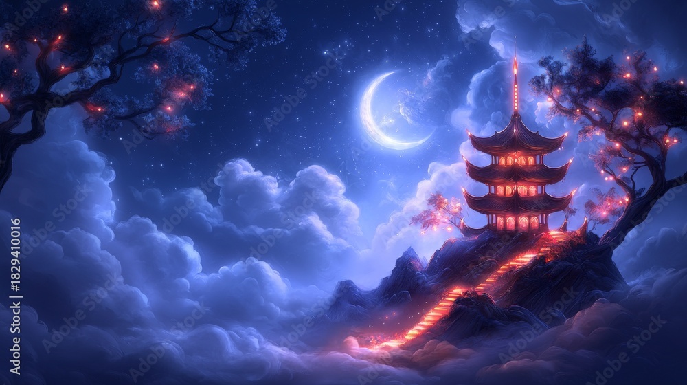 Obraz premium Enchanting Night Landscape with Asian Pagoda, Glowing Path and Crescent Moon