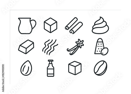 Cooking ingredients icons: milk, sugar, cinnamon, cream, butter, steam, vanilla, egg, almond, sauce, coffee