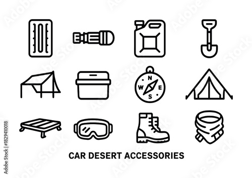 Essential car desert accessories: tools, tents, and navigation equipment icons