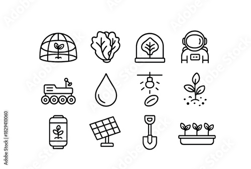 Space agriculture icons: greenhouse, hydroponics, astronaut, solar panel, seedling