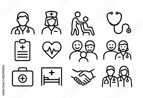Healthcare icons set featuring medical professionals and equipment in black and white