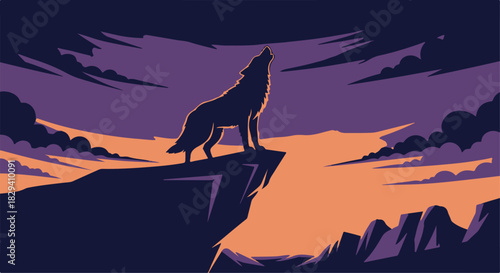 Powerful wild wolf silhouette howling dramatically on a mountain cliff at twilight isolated PNG with Transparent Background