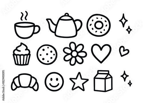 Cute black and white line art coffee, pastries, and fun icons collection