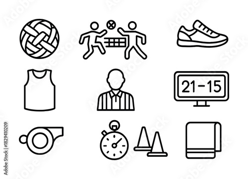 Sepak takraw icons: ball, players, equipment, and scoreboard