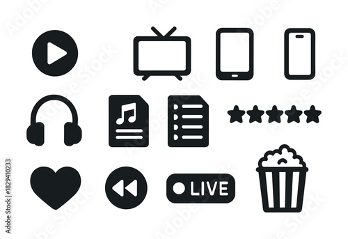 Entertainment icons collection: play, tv, mobile, headphones, music, heart, rewind, live, popcorn, ratings