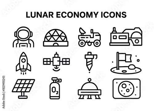 Lunar economy icons set: astronaut, rover, dome, rocket, satellite, solar panel