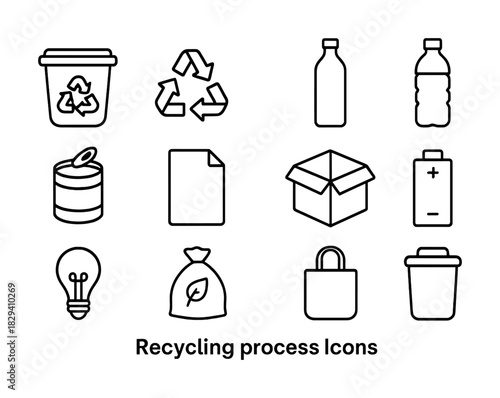 Recycling icons: bottle, can, battery, bulb, bag, and more