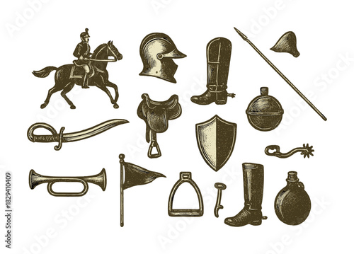 Vintage cavalry elements and equipment illustrations with horse and armor