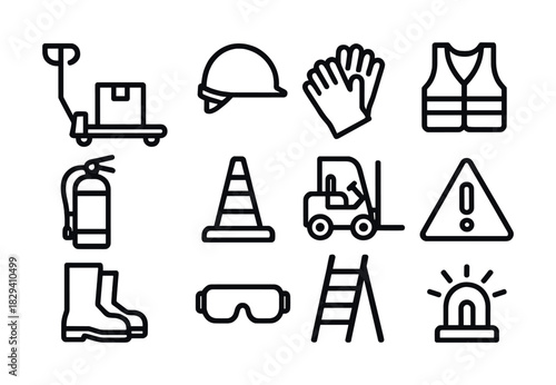 Workplace safety icons set including tools and protective equipment illustrations
