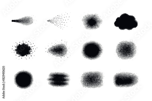 Collection of various grunge spray paint and splatter textures on white background