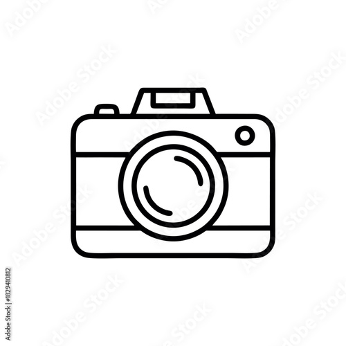 Simple black and white line art icon of a classic camera with a lens.