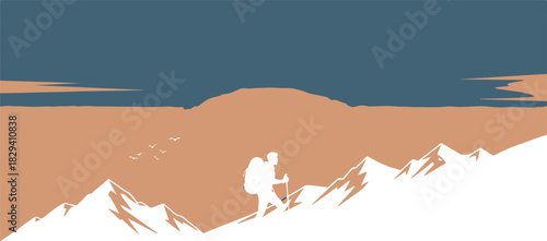 Adventurer climbing snowy mountain peak silhouette banner design for extreme sports isolated PNG with Transparent Background