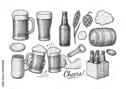 Hand-drawn beer collection with bottles, mugs, and brewing elements in vintage style