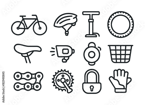 Bicycle accessories icons: helmet, pump, tire, saddle, light, bell, basket, chain, lock, gloves