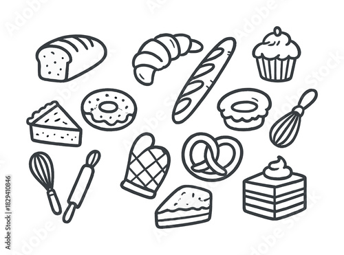 Hand-drawn bakery icons: bread, pastries, and baking utensils collection