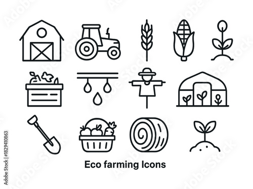 Eco farming icons set featuring barn, tractor, crops, and garden tools