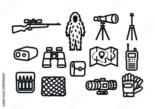 Hunting and outdoor equipment icons: rifle, binoculars, map, camouflage gear
