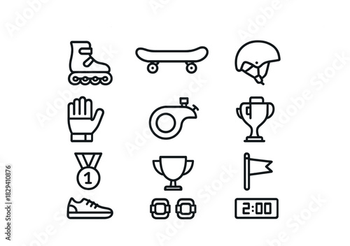 Outline icons of roller skate, skateboard, helmet, trophy, medal, and more